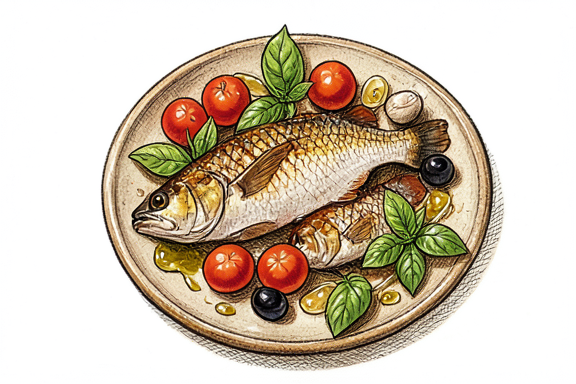 Bar de mer à l'air fryer avec tomates cerises et olives