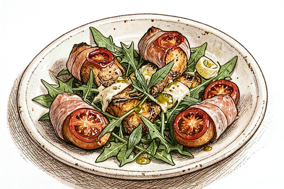 Involtini de veau à la sauge et au prosciutto à l'air fryer sur roquette