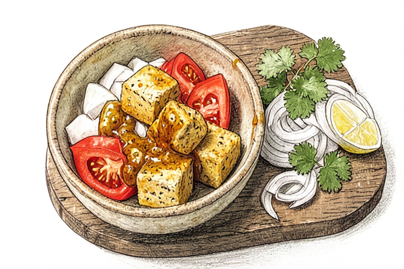 Tofu Kadai à la friteuse à air avec salade d'oignons