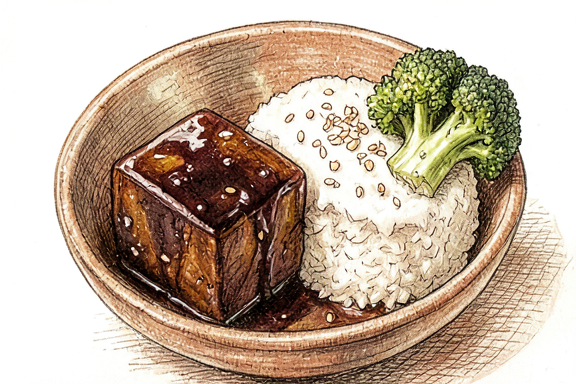 Buta no Kakuni avec riz et brocoli vapeur