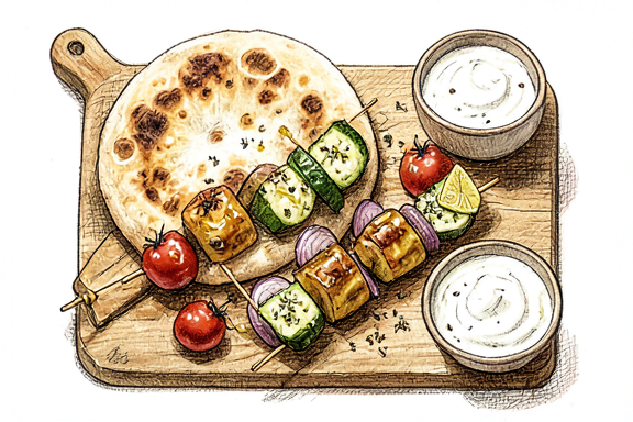 Brochettes chypriotes de halloumi et légumes