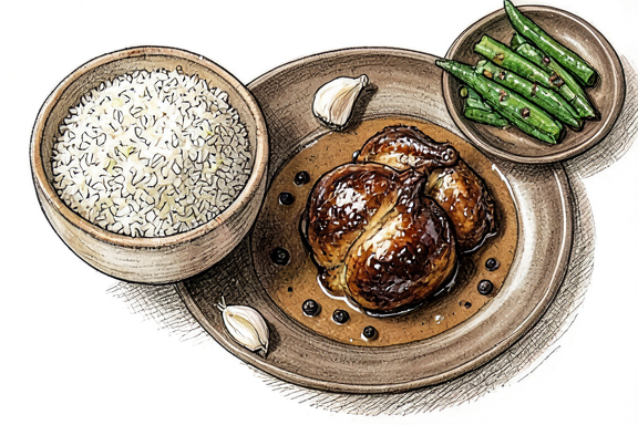 Adobo de poulet philippin avec riz vapeur et haricots verts sautés