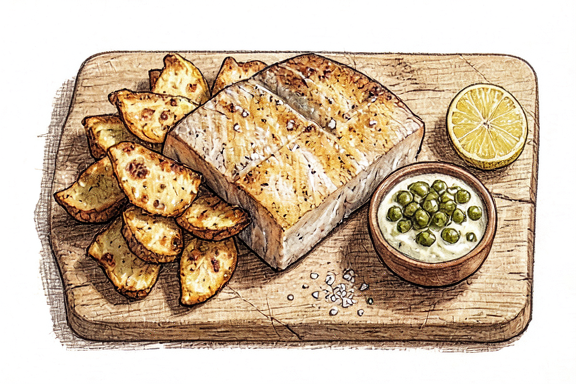 Fish and Chips avec purée de pois et sauce tartare