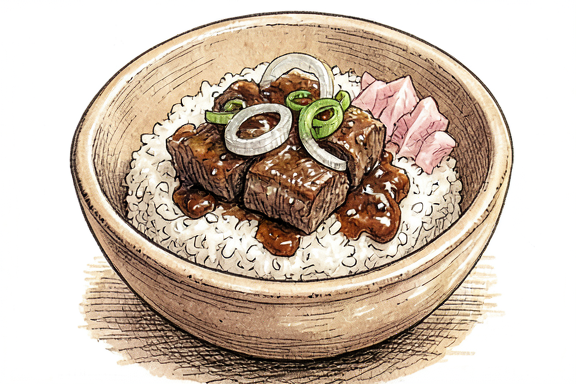 Gyudon avec riz vapeur et gingembre mariné