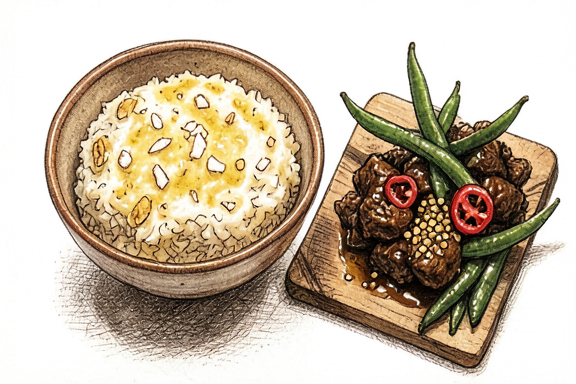 Rendang de bœuf indonésien avec riz à la noix de coco et haricots verts