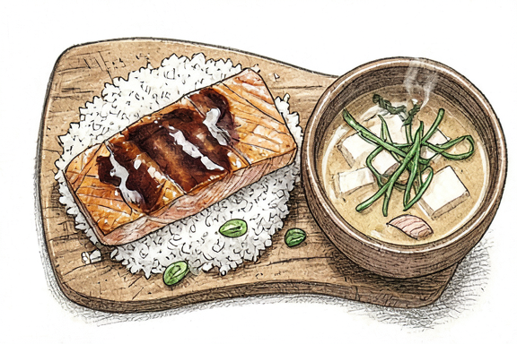 Saumon teriyaki japonais avec soupe miso et riz vapeur