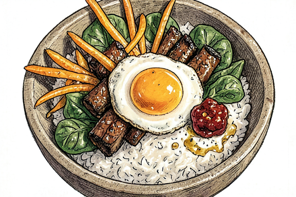 Bibimbap coréen au bœuf, épinards, carottes et gochujang