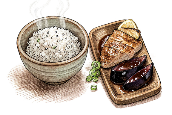 Nasu Miso avec saumon grillé et riz