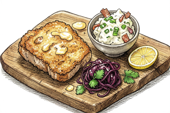 Escalope de porc panée avec salade de pommes de terre allemande et chou rouge braisé