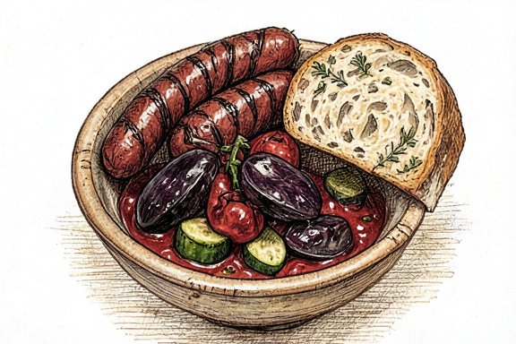 Ratatouille with Grilled Sausage and Crusty Bread