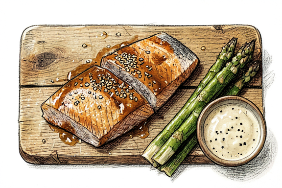 Saumon mariné au miso et sake kasu avec asperges à l'air fryer