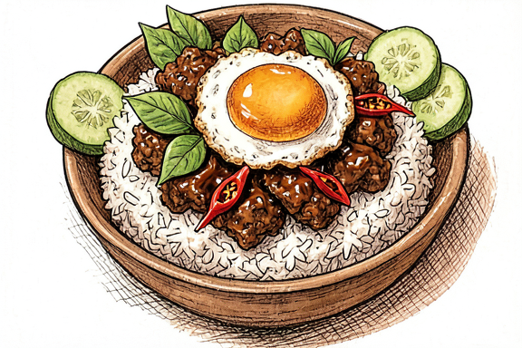 Poulet thaï au basilic (Pad Krapow) avec œuf au plat et riz jasmin