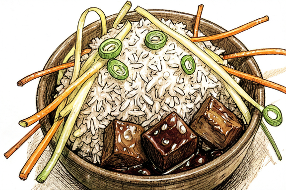 Bol de porc caramélisé vietnamien (Thit Kho) avec riz et daikon mariné